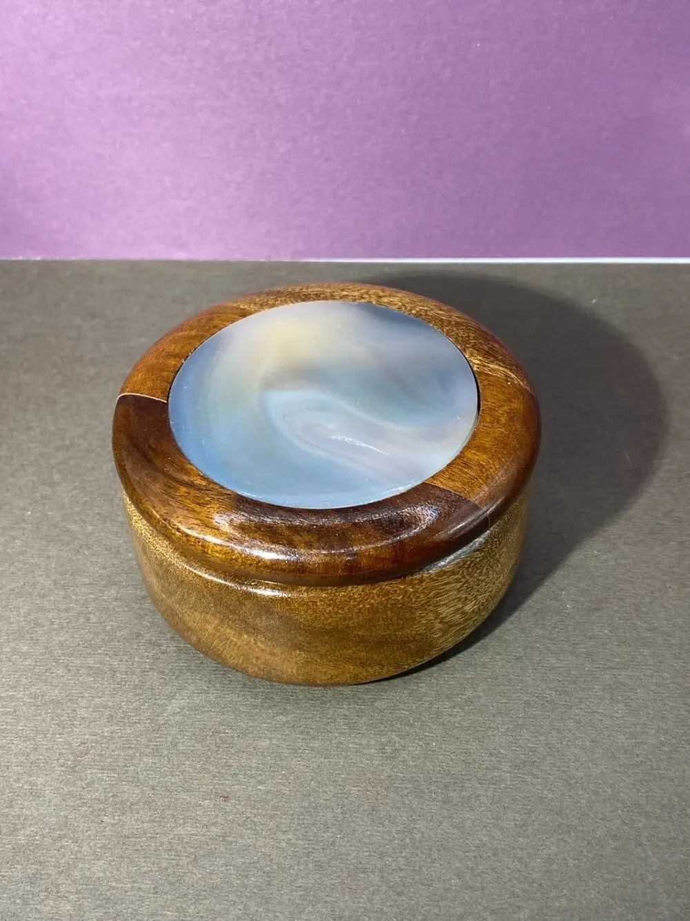 Vintage Wooden & Polished Stone Agate Brown Round Jewelry Trinket box W/ Lid